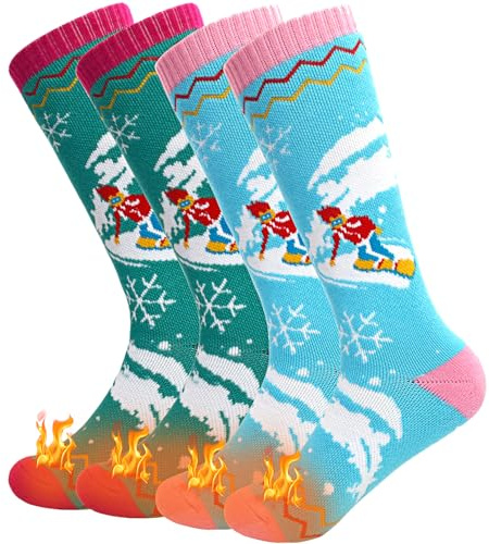 SkiBeaut Kids Ski Socks, 2 Pairs Knee-high Thick Warm Snowboard Skating Skiing Socks for Boys Girls Toddler Youth, Age 3-12 (US, Age, 7 Years, 12 Years, #1 Sky Blue + Lake Blue)