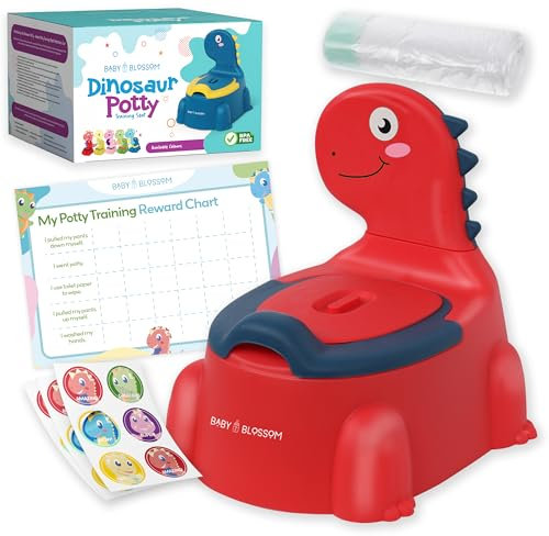 Dino Potty, Dinosaur Potty Training Set, Toilet Potty Seat for Boys & Girls with Splash Guard, Toddler, Lid & Comfortable Back Rest, Includes Liners & Reward Sticker Chart (Red)