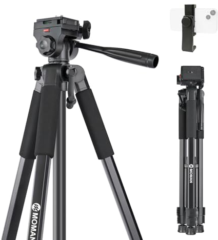 Moman Treppiede per Fotocamera, Treppiede da Viaggio Compatto e Leggero in Alluminio da 180cm con Carico Massimo di 5kg e Supporto per Telefono per Fotocamera DSLR Videocamera Smartphone