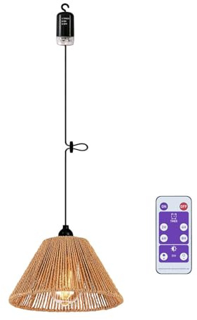 EcoGehen Battery Operated Pendant Light Outdoor Chandelier for Gazebo Hanging Lamp with LED Bulbs Rattan Shade Boho Lantern for Porch Patio Backyard Bedroom Kitchen Decor Powered by 4*AA Batteries
