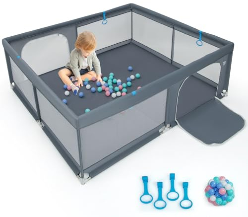GOPLUS 200x180cm Baby Laufstall, Laufgitter mit Matratze, 4 Handringe & 50 Spielbällen, Krabbelgitter mit atmungsaktivem Netz, Tür & Reißverschluss für Säuglinge & Kleinkinder (Grau)