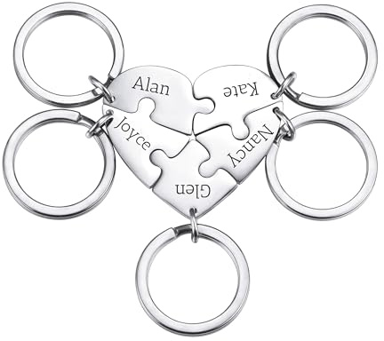 OTXIXTO Portachiavi Pezzo Puzzle a Cuore Argento Personalizzato Portachiavi Ciondolo Puzzle a Cuore Personalizzato con 5 Nomi Set di Portachiavi Incisi in Acciaio Inox per Coppie Sorelle Amici Regali