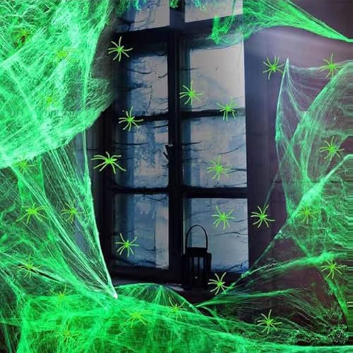 bechoanigel Ragnatela luminosa per Halloween, 200 g, ragnatela luminosa con decorazione di Halloween, 30 ragni, per interni ed esterni, per Halloween, casa e giardino