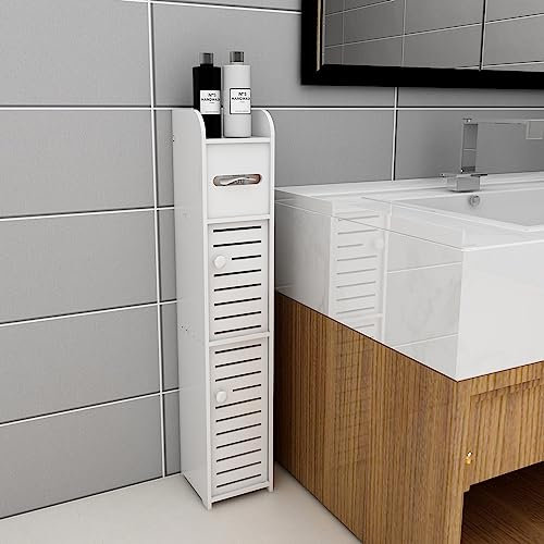 HUOLE Mueble Auxiliar de Baño Columna Con Estantes Ajustables, Independiente Blanco Portarrollos Pequeño Armario 20*15*80cm