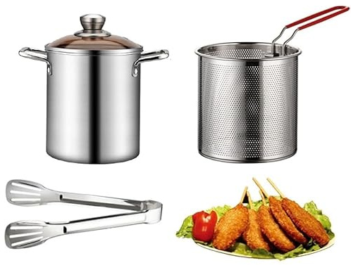 Sonhomay Deep Fryer Pot 101oz Stainless Steel Deep Fryer Set with Strainer Basket Multi- purpose Stock Pot Heavy Cooking Oil Container for Kitchen French Fries, Chicken Compatible with All Stoves