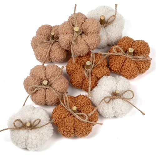 Oairse 9pcs Plush Pumpkins Fall Decorations Mini Artificial Pumpkins with Wooden Stem, Jute Bow, Small Fabric Pumpkin for Autumn Decor Thanksgiving Table Centrepiece Farmhouse Tiered Tray Decoration