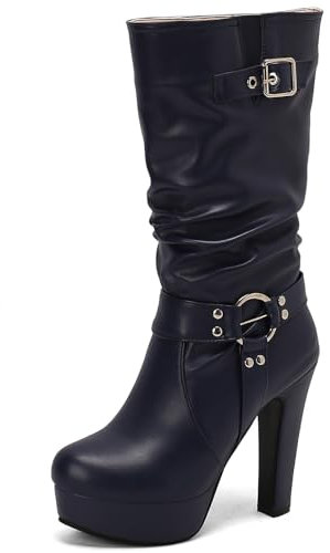 Renessmi Tacco a Blocco Largo Calf Donna Stivali con Imbracatura Plateau Punta Rotonda Senza Chiusura Fibbia Slouch Stivali a Metà Polpaccio Footwear Blu Numero 34 EU