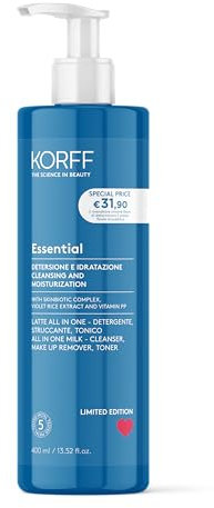 Korff Essence Latte Viso All in One, Triplice Azione Detergente, Struccante e Tonico, Formula Idratante con Acido Ialuronico