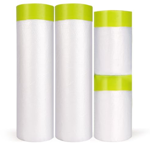 LLPT Tape and Drape Pre-Taped Masking Film | 4 Packs | Versatile Painter's Plastic Drop Cloth for Auto Wall Furniture Painting Spraying Protection(MFT5514GN) | Green 2 Sizes(55cm +140cm)