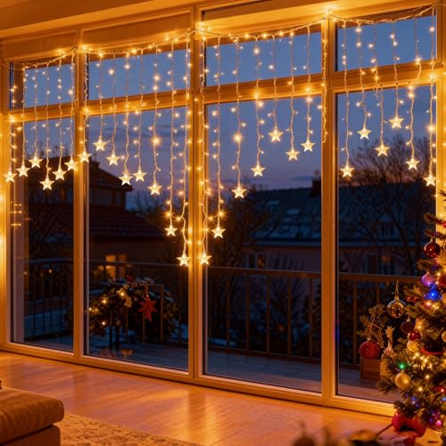 Aigostar Christmas Star Curtain Lights Indoor for Window, 3M x 1.5M 168 LED Christmas Star String Lights, IP44 Waterproof 8 Modes 16 Stars Icicle Light Plug in for Xmas Tree Fence Decoration, Warm