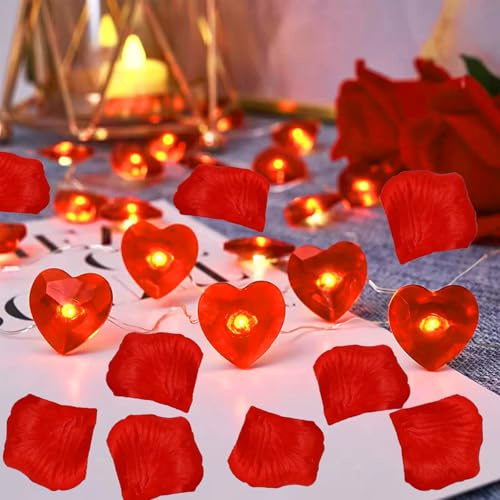 GoldRock Herz Deko Led Lichterkette mit 1000 Stück Rosenblätter Konfetti, 2m 20 Led Herzen Lichterkette Batterie, Rot Herz Streudeko Herzförmige Lichterketten Klein für Geschenke,Valentinstag,Hochzeit