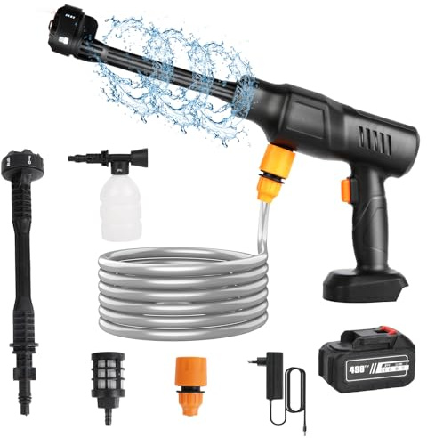 Idropulitrice batteria - 300 W 21 V 20 Bar Idropulitrice ad alta pressione batteria, ugello 6 in 1, tubo da 5 m, 30000 giri/min, per pulire auto, pavimenti (con 1 x 12000 mAh batteria)