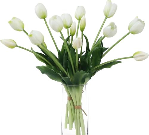 Laelfe 10 Pcs Artificial Tulips Flowers, 40 cm Long Stem Real Touch Latex Tulip Bouquet, Fake Tulips for Office Wedding Party Home Kitchen Garden Decoration (White)