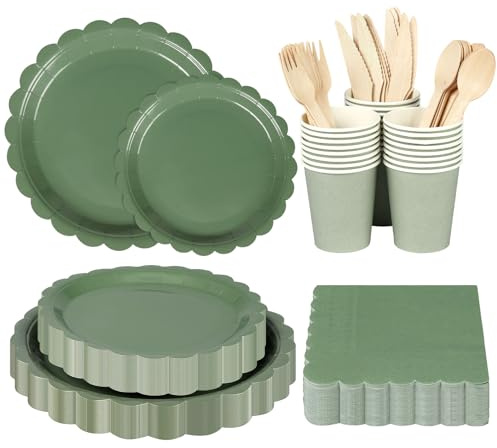 Anstore Sage Green 25 gäster hållbart festporslin, 200 st papperstallrikar och bestickset, återanvändbara servetter, knivar, skedar, pappersmuggar och tallrikar för fester födelsedag bröllop