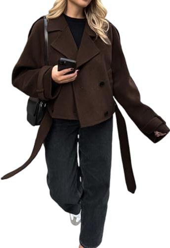 utcoco Womens Cropped Wool Coats Belted Double Breasted Pea Coat Short Jacket Notched Lapel Trench Coat with Pockets (Large, Coffee)