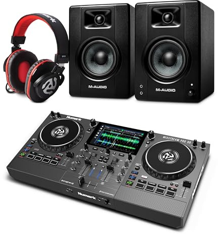 Numark Mixstream Pro Go DJ Controller and M-AUDIO BX4 Pair Studio Monitors with Headphones for Studio Recording, Music Production, Podcasting, Streaming