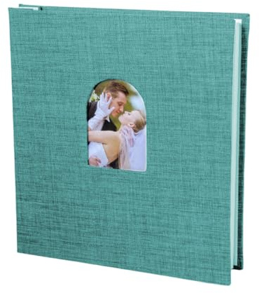 Álbum de fotos de carcasa de lino con ventana arqueada, 40 bolsillos protectores, páginas gruesas, área de escritura para cámaras instantáneas, álbum frontal de arco de fácil inserción