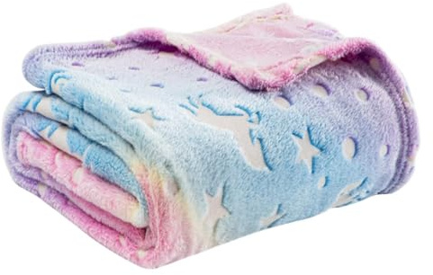 Mtbricey Glow in the Dark Blanket 130x150cm/51.18x59.06inch Soft Flannel Fleece Blanket Luminous Unicorn Star Blankets Rainbow Fluffy Cosy Warm Blankets for Kids Adults Plush All Season Use