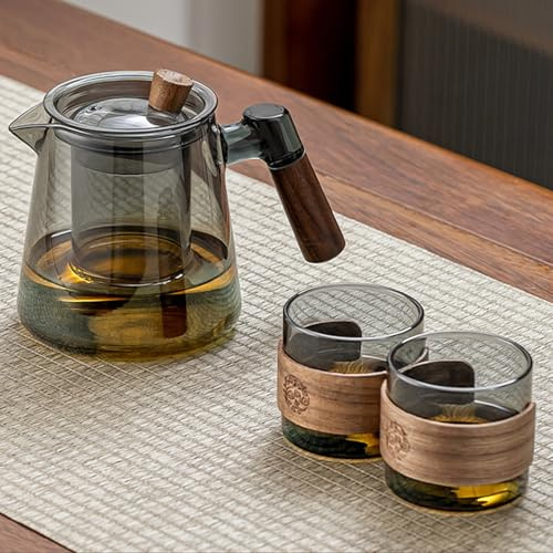 YoeEoay Teeset Geschenk-850ml Teekanne+100ml Teegläser*2 Neuer Chinesischer Stil Verbrühungsschutz Tee Set Glas Für Tee Für Zuhause Restaurants Und Cafés Vielseitig Einsetzbar(C)