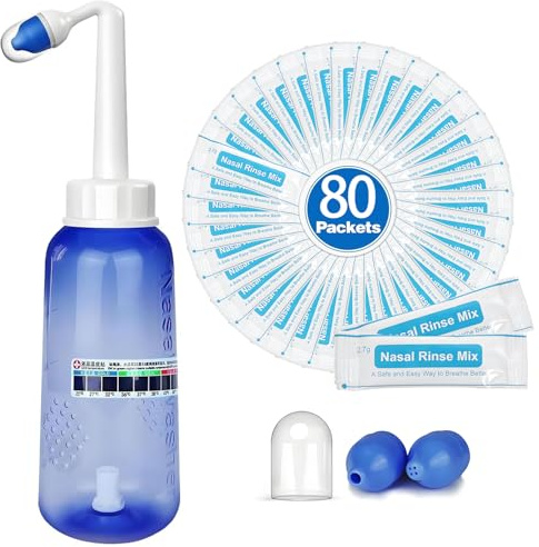 Snykes Neti Pot Sinus Rinse Kit,Nasal Irrigation Nose Cleaner Wash Bottle 300ML, Nasal Rinse Salt sachets Thermometer Sticker, Neti Pot Kit for Adult & Kids (80)