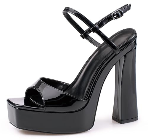 ToroToro Black/Burgundy Platform Block Heels for Women, Open Square Toe 5.5 inch Sky High Heeled Sandals with Buckle Ankle Starp