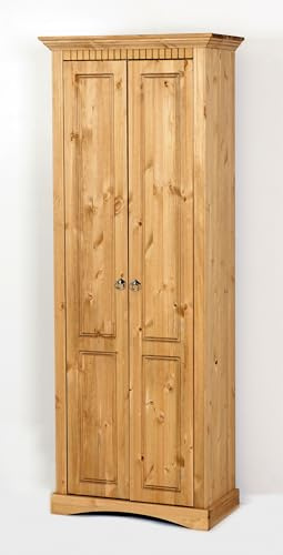 clever-moebel Dielenschrank Massivholz Kiefer, gelaugt | Garderobenschrank im Landhaus- & Kolonialstil, mit Einlegeboden & Kleiderstange, Fräsungen & Metallgriffen, Maße 71×38×187 cm