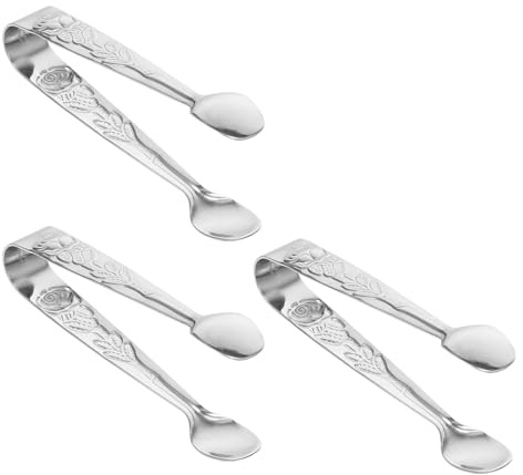 Healeved Lot de 3 Pinces Alimentaires en Acier Inoxydable Argenté Pinces à Glaçons et Biscuits Motif Floral Taille Moyenne pour Buffet Grillades et Service Cuisine