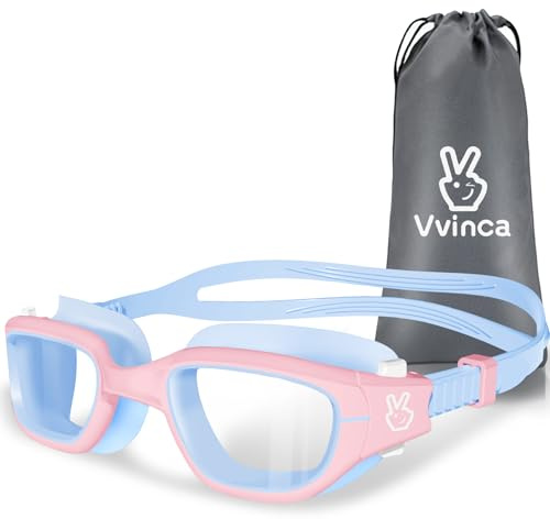 Vvinca Swim Goggles, Kids Goggles with Earplugs& Nose Clip Wide View Anti-Fog/UV Swimming Goggles for Age 3-15 Boys Girls
