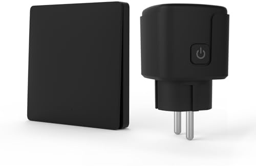 KADMOS Funksteckdose mit Fernbedienung Set (Batterielos), Selbstversorgender 433MHz Funkschalter & Steckdose, 3500W, Kabelloser Schalter für Lampen & Elektrogeräte (Schwarz, 1 Schalter + 1 Steckdose)