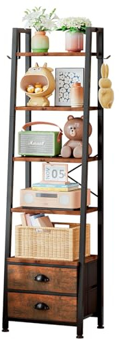 Wooruy Scaffale a scaletta a 5 ripiani, libreria angolare stretta con 2 cassetti, unità portaoggetti con ripiani, libreria per soggiorno, casa, ufficio, camera da letto (marrone)