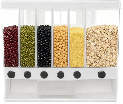DOPBENT Dispenser di riso, dispenser per cereali con 6 scomparti, contenitore per cereali, 10 litri, con misurino