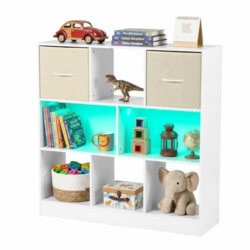 Kinderregal Spielzeugregal mit Boxen,8 Fächern,LED,Kinderzimmer Regal Kinder Bücherregal mit Kinderkommode,Spielzeug Organizer Weiß,Kinderschrank Kinder Kommode Möbel mit 2 schubladen für Kinderzimmer