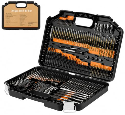 EVERGOODS 246pc Combination Drill Bit Set, Includes HSS titanium twist bits, Masonry Bits, Wood Bits, Screwdriver Bits More in storage case