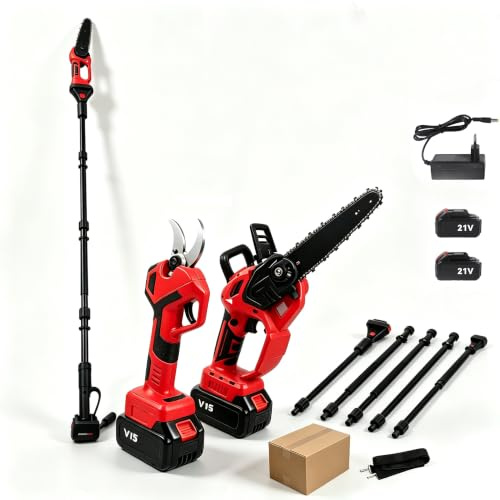 3-en-1 Sécateur Électrique sans Fil 21V, avec Perche Télescopique (Rouge) | Moteur sans Balais, Mini Tronçonneuse, Coupe 40 mm, Mode Sûr,Léger,Portée Jusqu’à 2 m,pour Arbres Jardin et Verger
