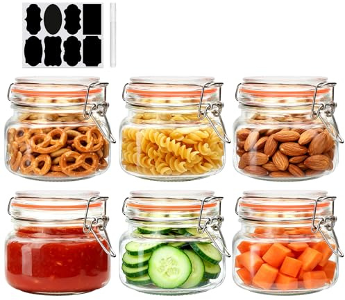 Encheng 16 oz Glass Jars With Airtight Lids And Leak Proof Rubber Gasket,Wide Mouth Mason Jars With Hinged Lids For Kitchen,Glass Storage Containers 6 Pack