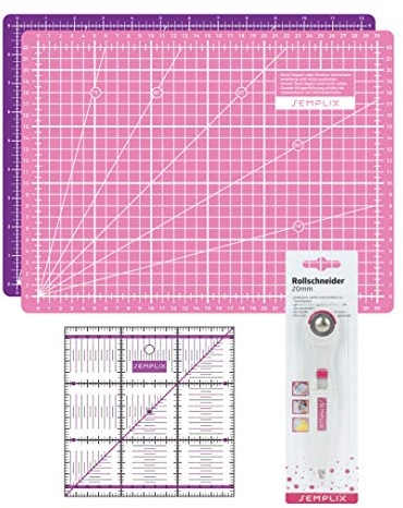 SEMPLIX Skärmattor set (A4) perfekt för söm-, hantverks- och lapparbeten, skärunderlägg 30 x 22 cm, rullskärare Super Mini 20 cm, Patchwork-linjal 15 x 15 cm (rosa/lila)