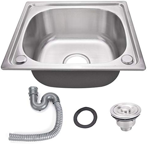 Queiting Square Kitchen Sink Single Bowl Stainless Steel with Strainer & Drainer Waste Plumbing Pipes Undermount Drop-in Installation Inset 345 * 290 mm 13.5 * 11.4 Inch