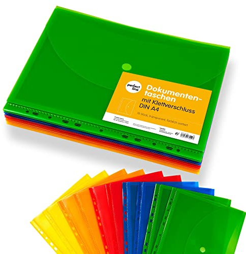 perfect line - 10 Dokumententaschen DIN-A4 5 Farben, Sammelmappe mit Klettverschluss, stabile Dokumentenmappe, Kapazität ca. 200 Blatt - 2 cm Füllhöhe (10 Stück)