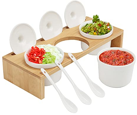 BELLE VOUS Cuencos Aperitivo de Cerámica para Condimentos con Tapa y Cuchara - Bandeja Aperitivo de Bambú con 3 Contenedores Pequeños Cocina para Salsa, Especias, Hierbas, Refrigerios, Sal, Pimienta