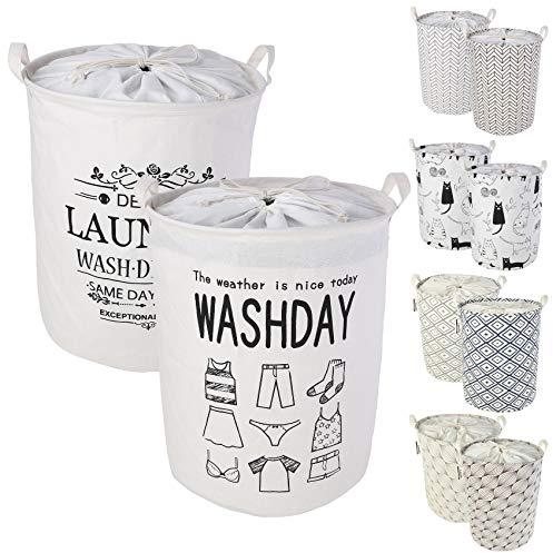 LessMo Cesto Portabiancheria con Coulisse, Cesto Portabiancheria Pieghevole, Lino Rotondo in Cotone Impermeabile, [2 Pezzi, Spessore 19,7 / Grande]
