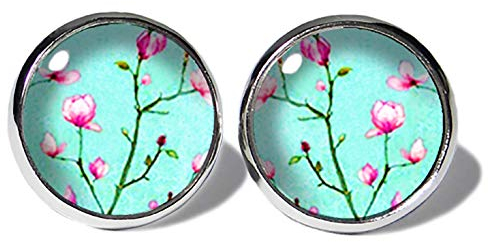 Magnolie Türkis Ohrstecker ABOUKI Damen Mädchen Kind Kinder Edelstahl Ohrschmuck Motiv Magnolien-Zweig Baum Blüte handgefertigte Ohrringe silber-farben