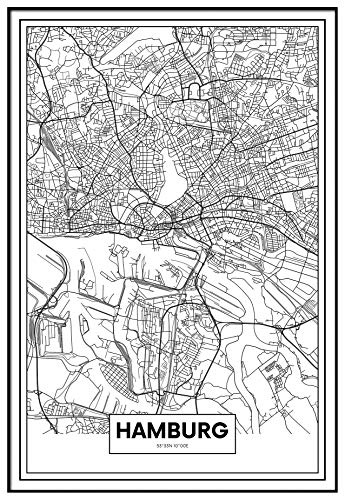 Panorama Gerahmtes Poster Karte von Hamburg 35x50cm - Gedruckt auf Starres Poster - Enthält Rahmen - Moderne Bilder Wohnzimmerdekoration - Schlafzimmer