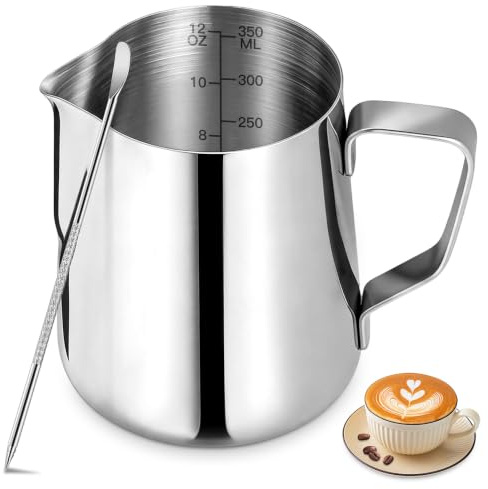 Milk Frothing Pitcher 12oz/350ml, 304 Stainless Steel Milk Jug | Milk Frother Jug with Measurement Mark and Decorating Pen for Latte Art, Cappuccino, Espresso, Dishwasher Safe
