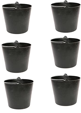 Tradineur - Pack de 6 Cubos de plástico con asa metálica, 35,1 x 30,3 cm, Ideal para Trabajo de Vendimia, Agricultura (26 litros - Negro)