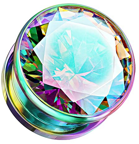 Piercingfaktor Ohr Plug Flesh Tunnel Piercing mit großen eingefassten Rainbow Zirkonia Kristall