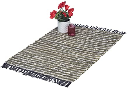Relaxdays Flickenteppich, 60x100 cm, Baumwolle & Leder, handgewebt, mit Fransen, rutschfest, Fleckerlteppich, grün/beige