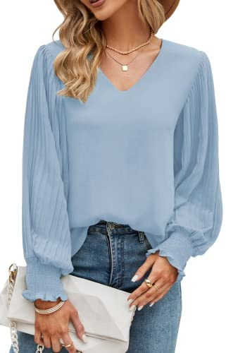 Odosalii Womens Tops,Women's Long Sleeve Tops Elegant V Neck Chiffon Shirt Business Casual Baggy Work Office Blouses Tunic（Grey Blue,X-Large）