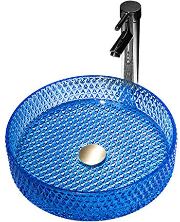 WRJAHCG Aufsatzwaschbecken,Waschbecken aus Glas Waschtisch, Round Hand Waschschale mit Wasserhahn Set,Waschbecken Bad| Aufsatzwaschbecken für das Badezimmer und Gäste-WC,Blau