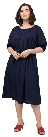 Ulla Popken Robe Midi, Ceinture à Nouer, Col Rond, Demi-Manches Ballon, Bleu Acier, 52-54 Femme