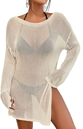 Bsubseach Vestido de Playa para Mujer Top de Ganchillo con Manga Larga Cubrir Traje de baño Ver a Través Albaricoque